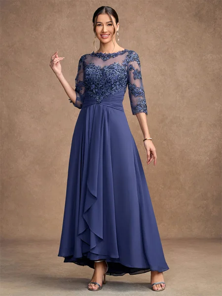 A-Line/Princess Chiffon Applique Scoop 3/4 Sleeves Asymmetrical Mother of the Bride Dresses