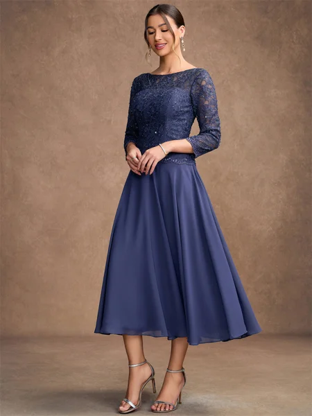A-Line/Princess Chiffon Lace Scoop 3/4 Sleeves Tea-Length Mother of the Bride Dresses