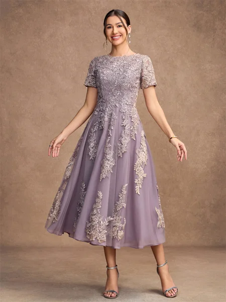 A-Line/Princess Chiffon Lace Scoop Short Sleeves Tea-Length Mother of the Bride Dresses