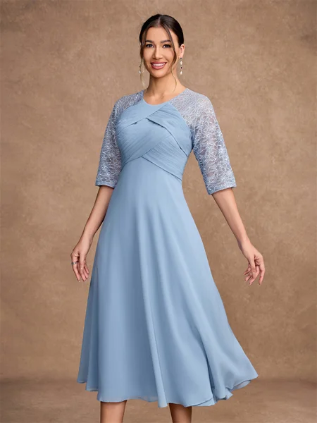 A-Line/Princess Chiffon Lace Scoop 1/2 Sleeves Tea-Length Mother of the Bride Dresses