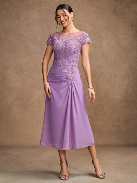 Sheath/Column Chiffon Applique Scoop Short Sleeves Tea-Length Mother of the Bride Dresses