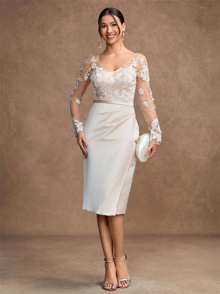 Sheath/Column Satin Lace V-neck Long Sleeves Knee-Length Mother of the Bride Dresses