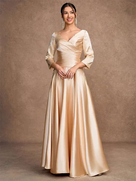 A-Line/Princess Silk Like Satin Ruched V-neck 3/4 Sleeves Ankle-Length Mother of the Bride Dresses