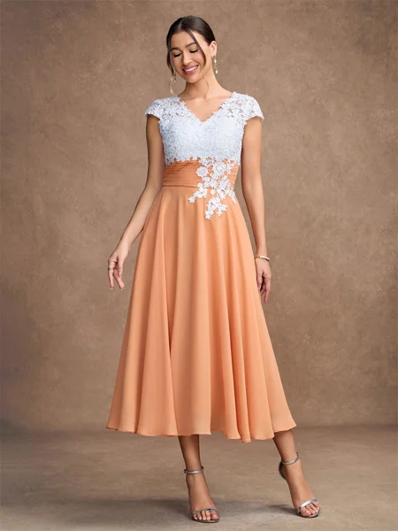 A-Line/Princess Chiffon Lace V-neck Sleeveless Tea-Length Mother of the Bride Dresses