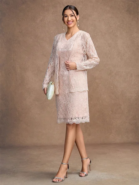 Sheath/Column Silk like Satin Lace V-neck Sleeveless Knee-Length Mother of the Bride Dresses