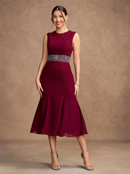 Sheath/Column Chiffon Beading Scoop Sleeveless Tea-Length Mother of the Bride Dresses