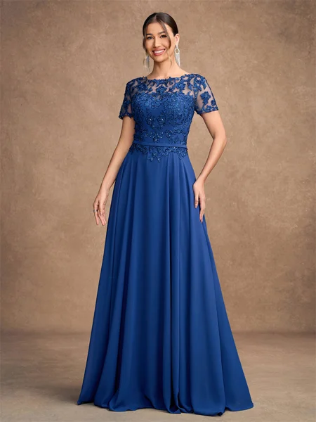 A-line Scoop Short Sleeves Appliques Lace Floor-Length Chiffon Mother of the Bride Dress