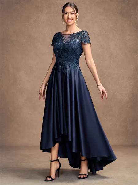 A-line Scoop Short Sleeves Appliques Lace Asymmetrical Satin Mother of the Bride Dress