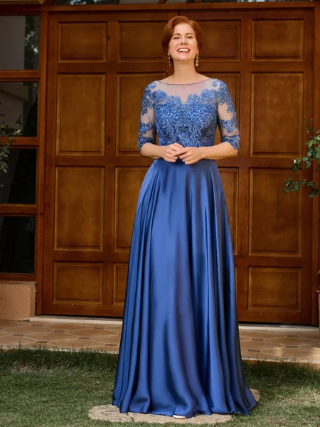 A-line Scoop 1/2 Sleeves Appliques Lace Floor-Length Satin Chiffon Mother of the Bride Dress