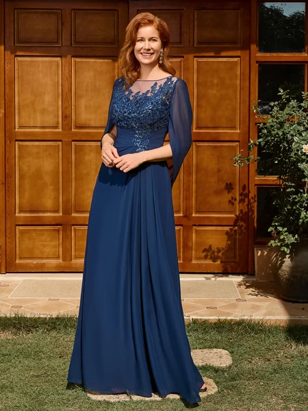 A-line Scoop Appliques Lace Floor-Length Chiffon Mother of the Bride Dress