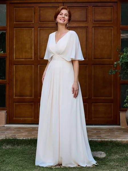 A-line V-neck 1/2 Sleeves Pleated Floor-Length Chiffon Mother of the Bride Dress