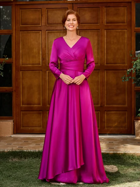 A-line V-neck 3/4 Sleeves Pleated Floor-Length Satin Chiffon Mother of the Bride Dress