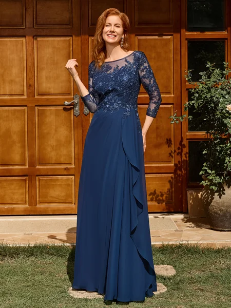 A-line Scoop 3/4 Sleeves Appliques Lace Floor-Length Chiffon Mother of the Bride Dress