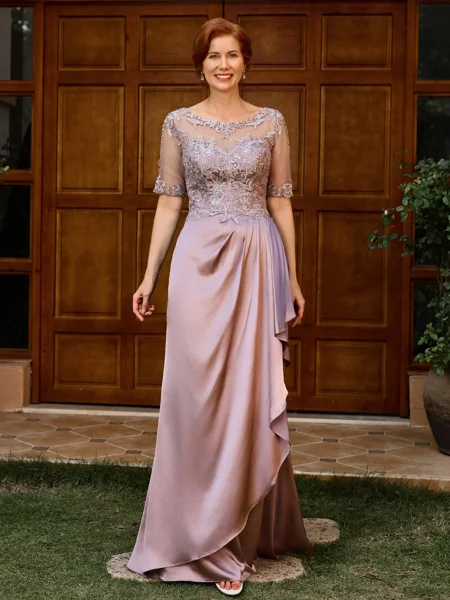 Sheath Scoop 1/2 Sleeves Appliques Lace Floor-Length Silk Like Satin Mother of the Bride Dress