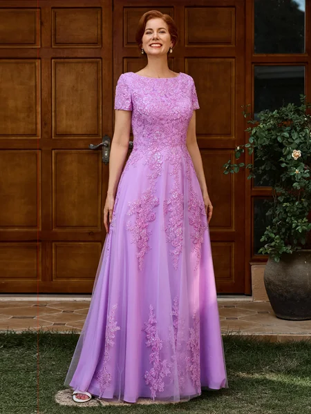 A-line Scoop Short Sleeves Appliques Lace Floor-Length Tulle Mother of the Bride Dress