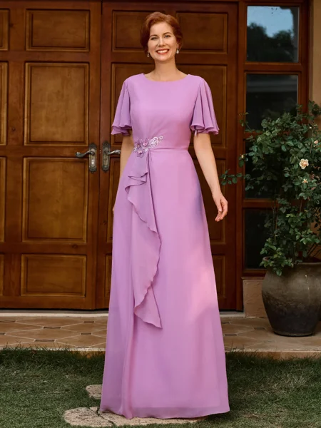 A-line Scoop Short Sleeves Appliques Lace Floor-Length Chiffon Mother of the Bride Dress