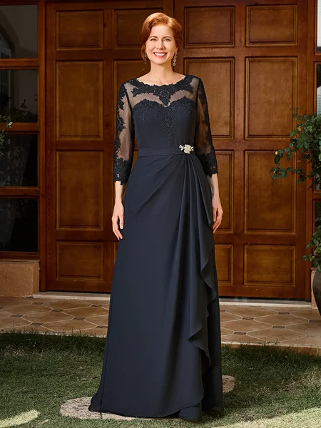 A-line Scoop 3/4 Sleeves Appliques Lace Floor-Length Chiffon Mother of the Bride Dress