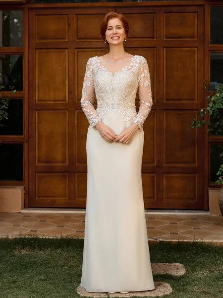 Sheath Scoop Long Sleeves Appliques Lace Floor-Length Chiffon Mother of the Bride Dress