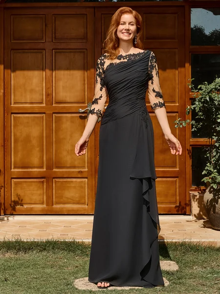 Sheath Scoop 1/2 Sleeves Appliques Lace Floor-Length Chiffon Mother of the Bride Dress
