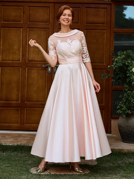 A-line Scoop 1/2 Sleeves Appliques Lace Ankle-Length Satin Mother of the Bride Dress