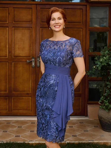 Sheath Scoop Short Sleeves Appliques Lace Knee-Length Chiffon Mother of the Bride Dress