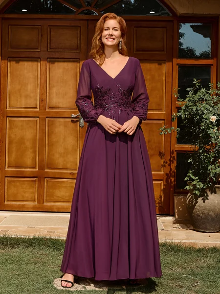 A-line V-neck Long Sleeves Appliques Lace Ankle-Length Chiffon Mother of the Bride Dress