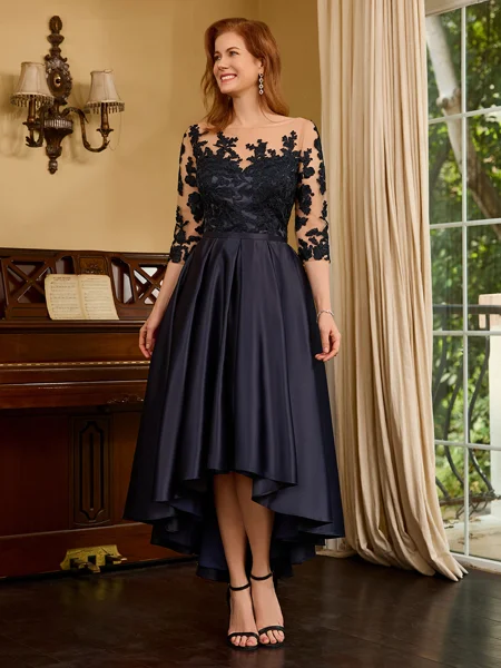 A-line Bateau 3/4 Sleeves Appliques Lace Asymmetrical Satin Mother of the Bride Dress