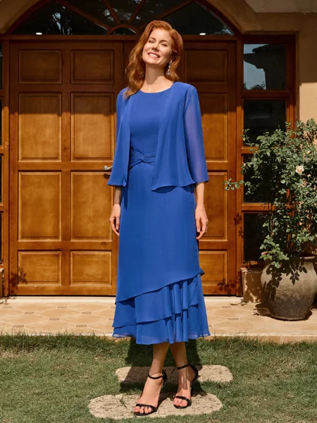 A-line Scoop Pleated Tea-Length Chiffon Mother of the Bride Dress