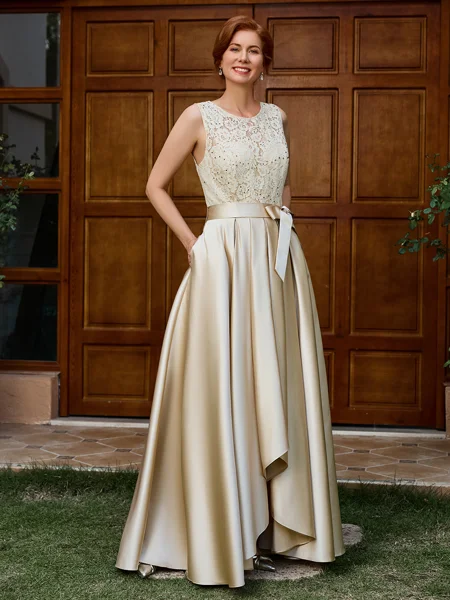 A-line Scoop Appliques Lace Asymmetrical Satin Mother of the Bride Dress