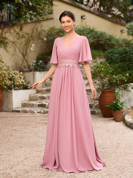 A-Line/Princess Chiffon Ruched V-neck 1/2 Sleeves Floor-Length Mother of the Bride Dresses