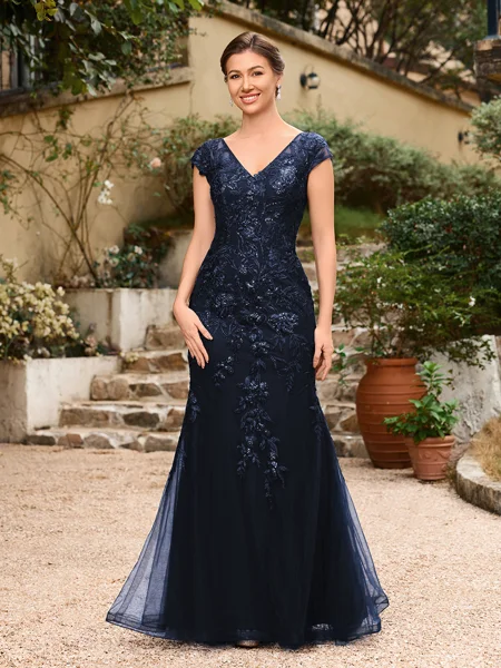 Sheath/Column Tulle Applique V-neck Short Sleeves Floor-Length Mother of the Bride Dresses