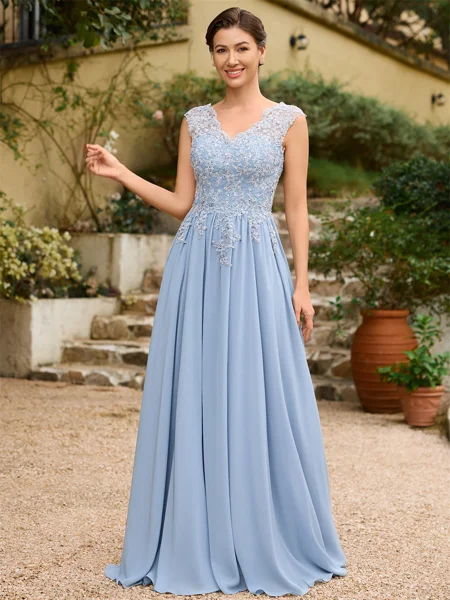 A-Line/Princess Chiffon Applique V-neck Sleeveless Floor-Length Mother of the Bride Dresses