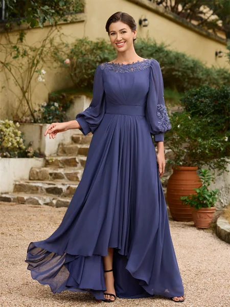 A-Line/Princess Chiffon Ruched Bateau 3/4 Sleeves Asymmetrical Mother of the Bride Dresses