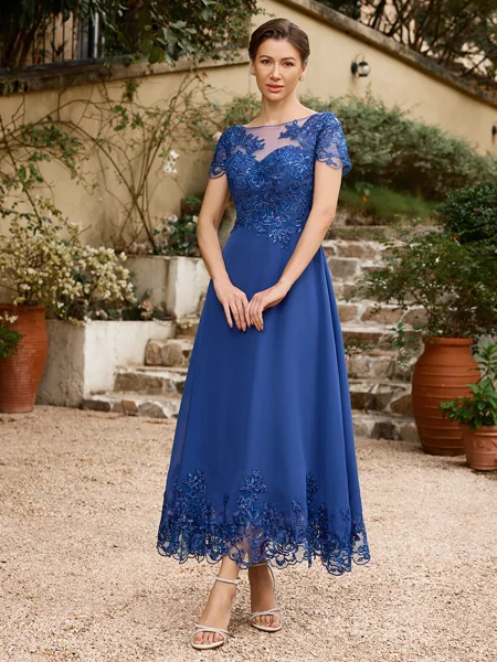 A-Line/Princess Chiffon Applique Bateau Short Sleeves Tea-Length Mother of the Bride Dresses