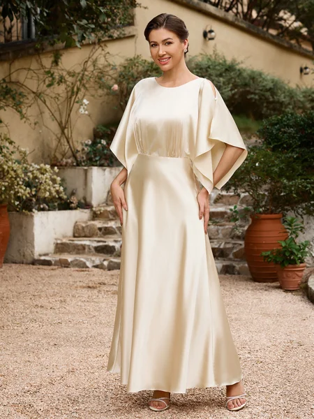 A-Line/Princess Silk like Satin Ruched Scoop 1/2 Sleeves Ankle-Length Mother of the Bride Dresses