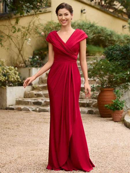 Sheath/Column Jersey Ruched V-neck Short Sleeves Floor-Length Mother of the Bride Dresses