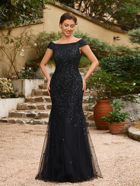 Sheath/Column Tulle Beading Off-the-Shoulder Sleeveless Floor-Length Mother of the Bride Dresses