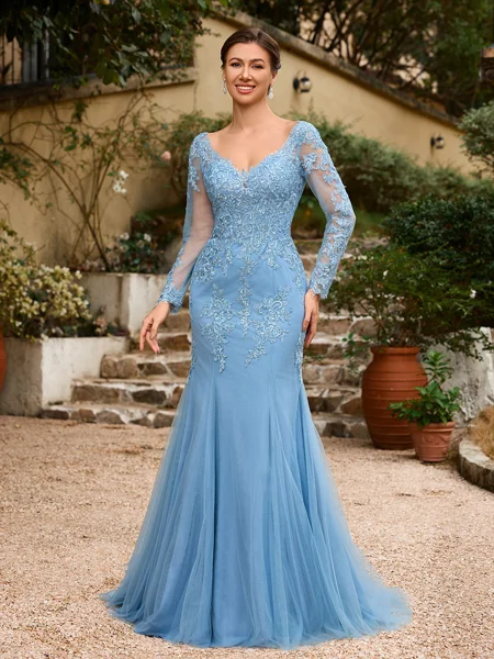 Sheath/Column Tulle Applique V-neck Long Sleeves Sweep/Brush Train Mother of the Bride Dresses