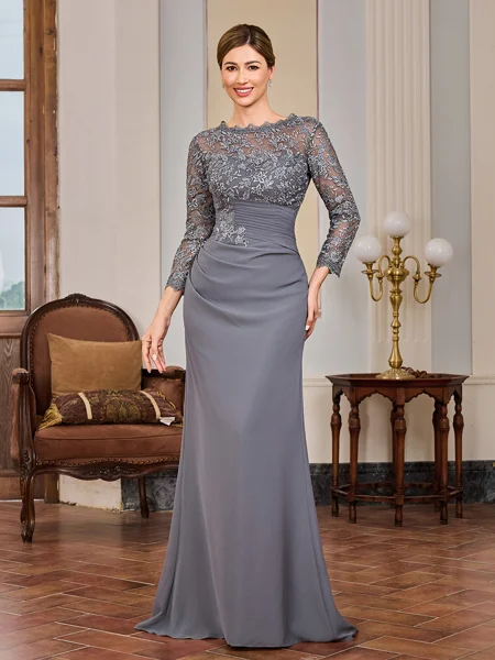 Sheath Scoop 3/4 Sleeves Appliques Lace Floor-Length Chiffon Mother of the Bride Dress