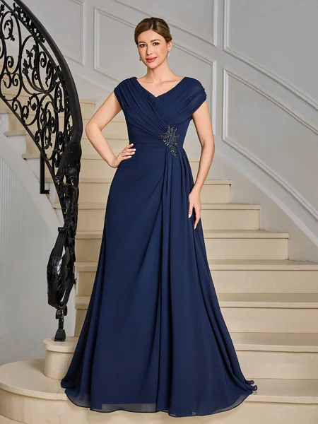 A-line V-neck Pleated Floor-Length Chiffon Mother of the Bride Dress