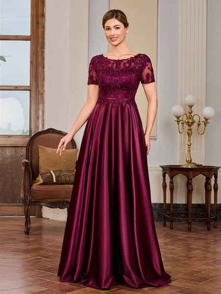 A-line Scoop Short Sleeves Appliques Lace Floor-Length Silk Like Satin Mother of the Bride Dress