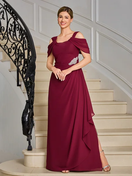 Sheath Cold Shoulder Pleated Ankle-Length Chiffon Mother of the Bride Dress