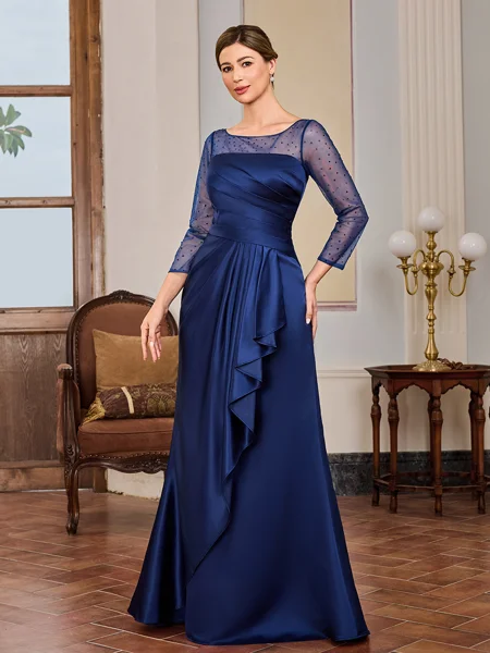 Sheath Scoop Long Sleeves Pleated Floor-Length Satin Mother of the Bride Dress