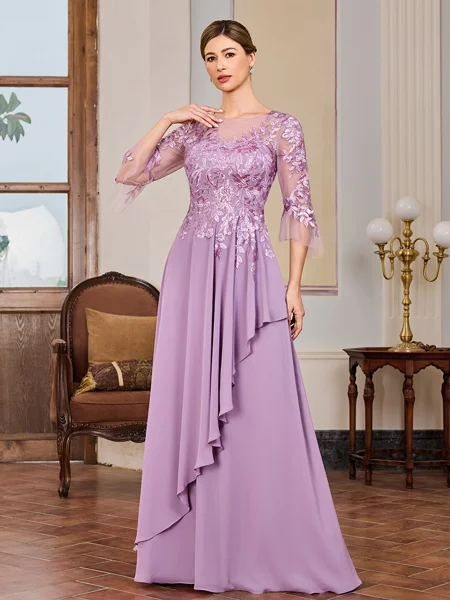 A-line Scoop 3/4 Sleeves Appliques Lace Floor-Length Chiffon Mother of the Bride Dress