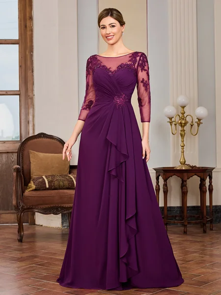 Sheath Scoop 3/4 Sleeves Appliques Lace Floor-Length Chiffon Mother of the Bride Dress