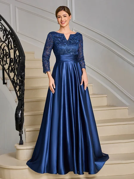 A-line V-neck 3/4 Sleeves Appliques Lace Floor-Length Silk Like Satin Mother of the Bride Dress