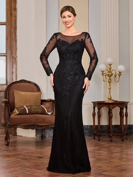 Sheath Scoop Long Sleeves Appliques Lace Floor-Length Tulle Mother of the Bride Dress