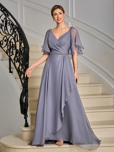 A-line V-neck Short Sleeves Pleated Floor-Length Mother of the Bride Dress