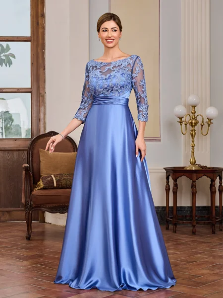 A-line Scoop 3/4 Sleeves Appliques Lace Floor-Length Silk Like Satin Mother of the Bride Dress