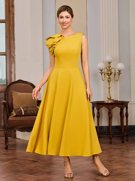 A-line One-Shoulder Ruffles Tea-Length Stretch Crepe Mother of the Bride Dress